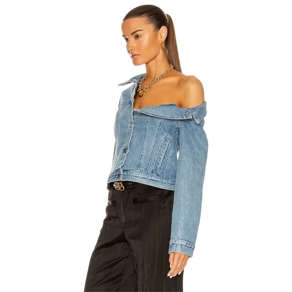 NEW RtA Rebecca One Shoulder Denim Jacket Natural Blue XS